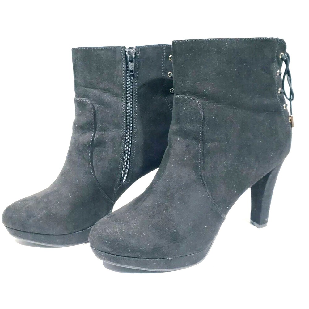 Metaphor Women's Black Faux Suede 4" Heels Side Zip Back Lace Ankle Boots Sz 11